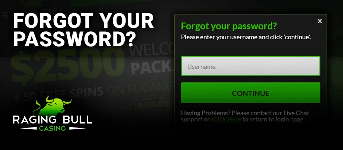 Raging Bull Casino account password recovery form