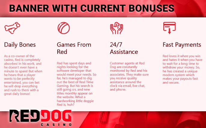 Banner with current bonuses at Red Dog Casino for players from Australia