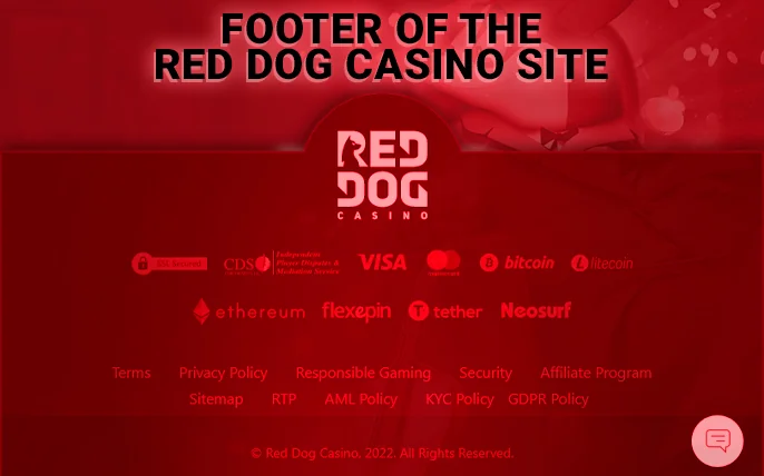 Important links at the bottom of the site Red Dog Casino with the logos of existing payment systems