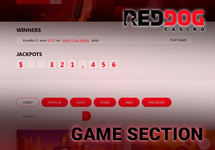 Gaming section at Red Dog Casino with game categories and latest winners