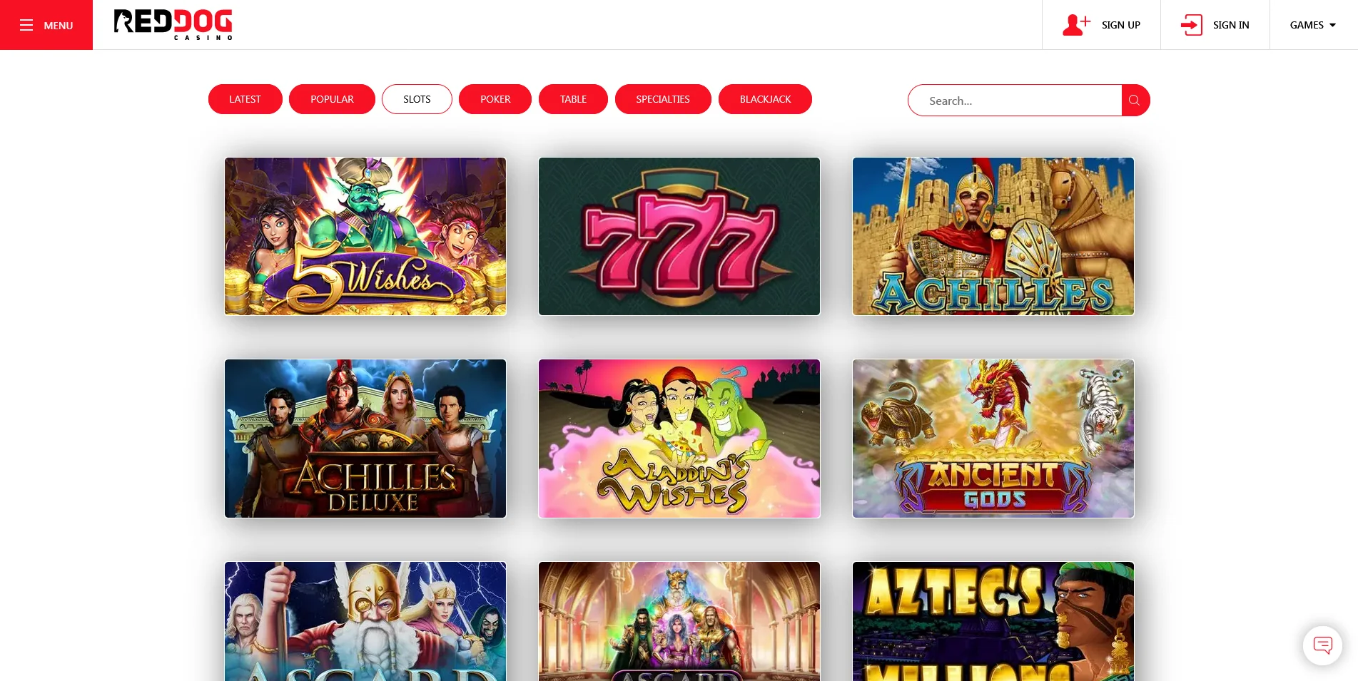 Screenshot of the RedDog Casino game section