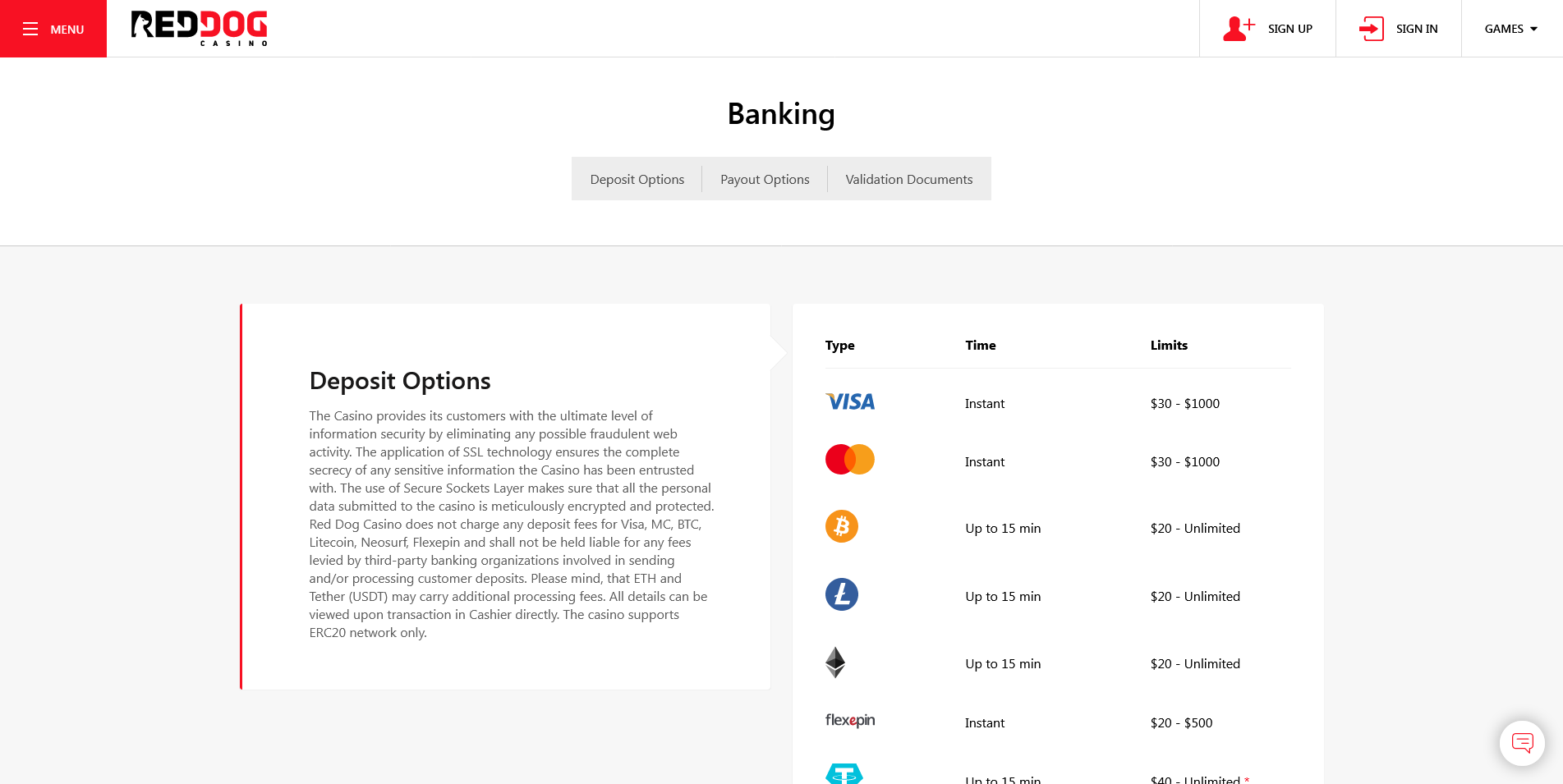 Screenshot of the RedDog Casino payment info page