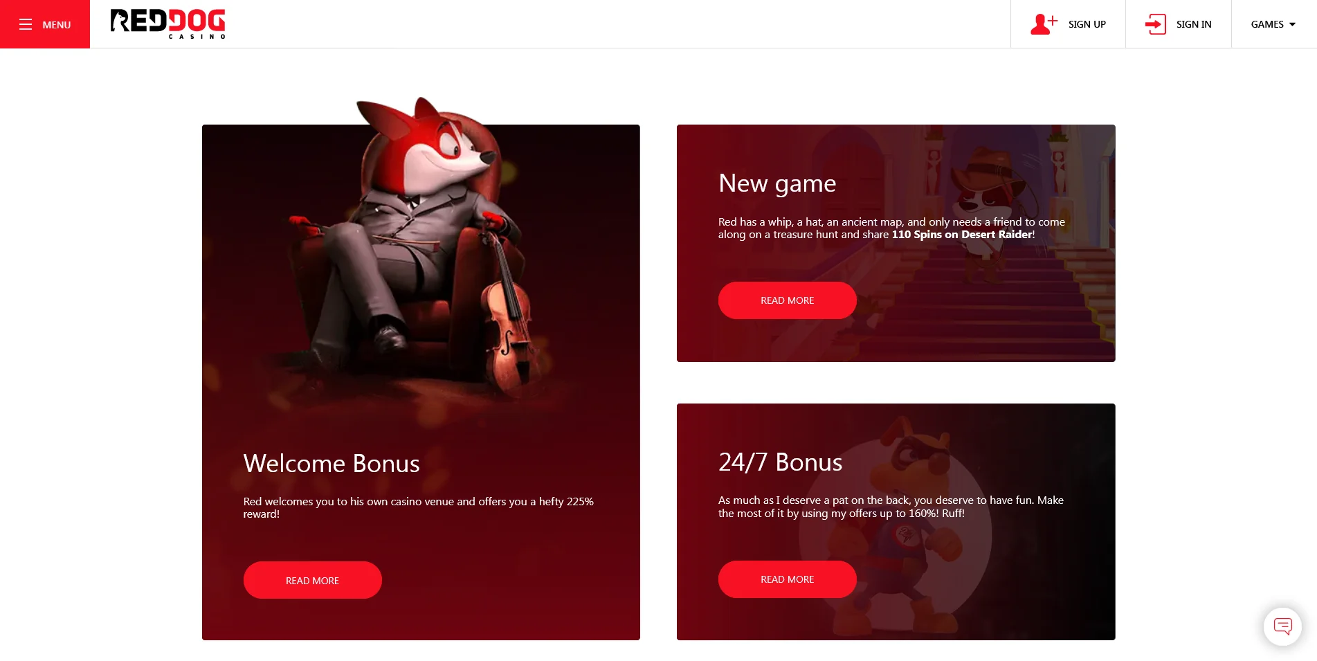 Screenshot of the RedDog Casino promotions page