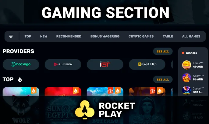 Gaming section at RocketPlay Casino - gambling categories and providers