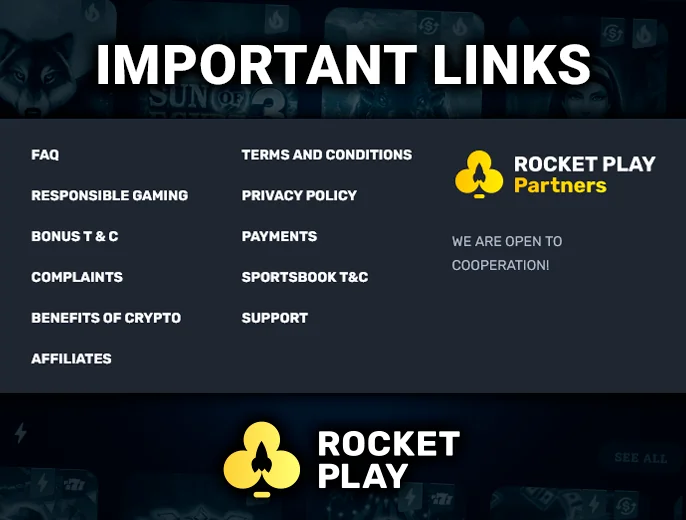 Important links at the bottom of the RocketPlay Casino website