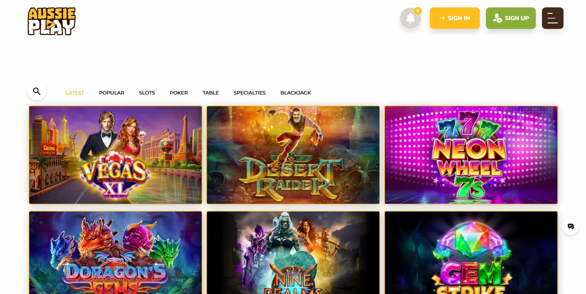 Screenshot of the Aussie Play Casino Real Money Game Section page