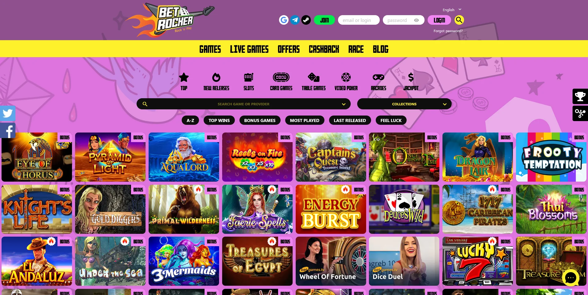 Screenshot of the Betrocker Casino rea; money Game Section