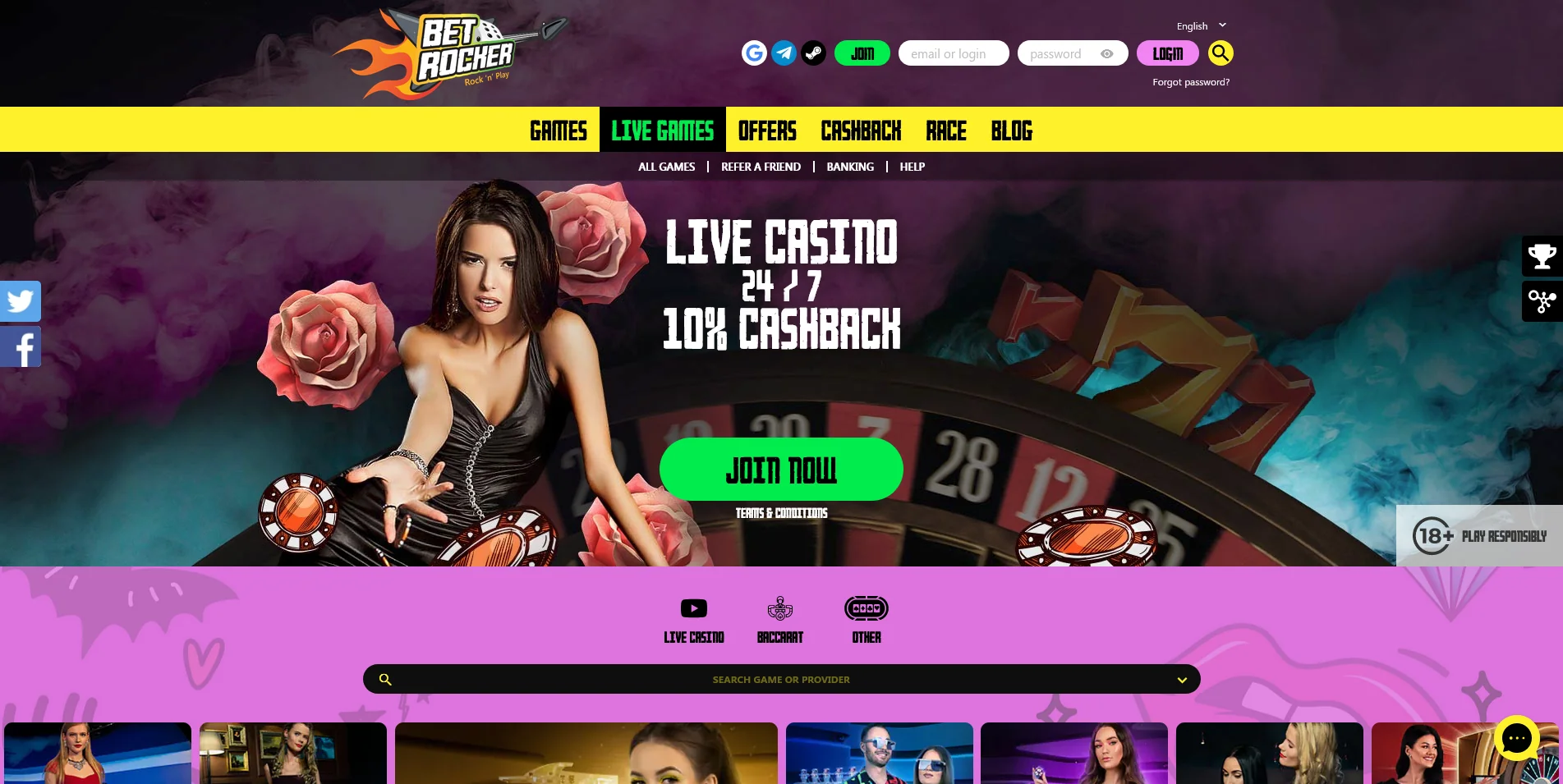 Screenshot of the Betrocker Casino Live Casino games section