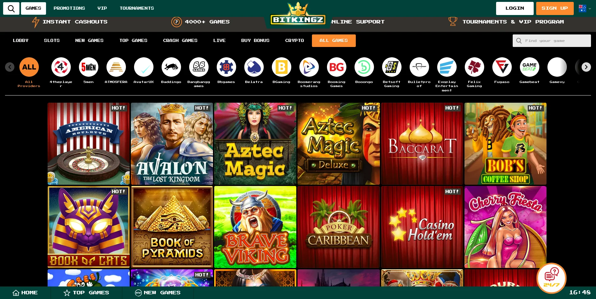 Screenshot of the Bitkingz Casino real money Game Section