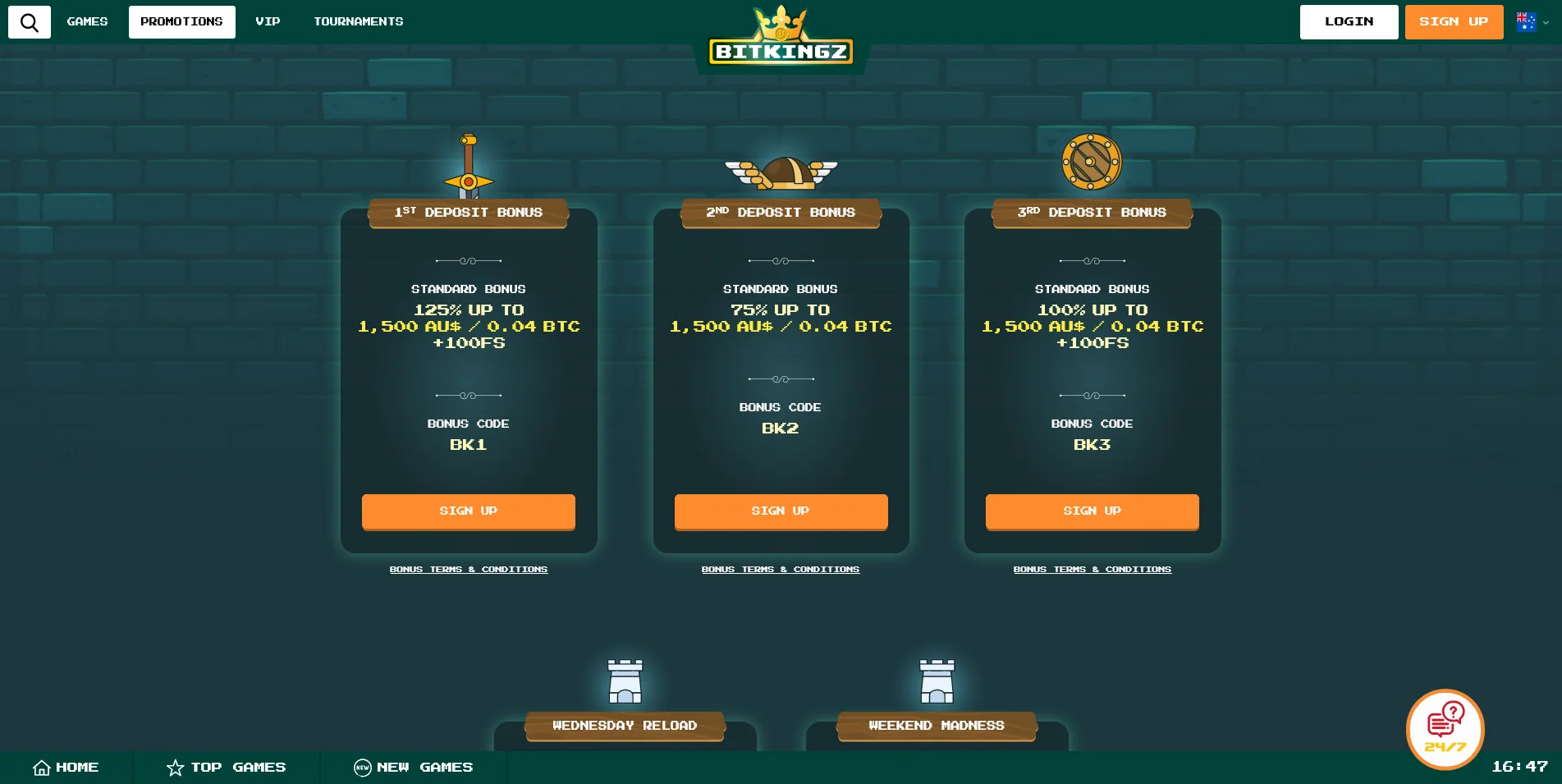 Screenshot of the Bitkingz Casino promotions page