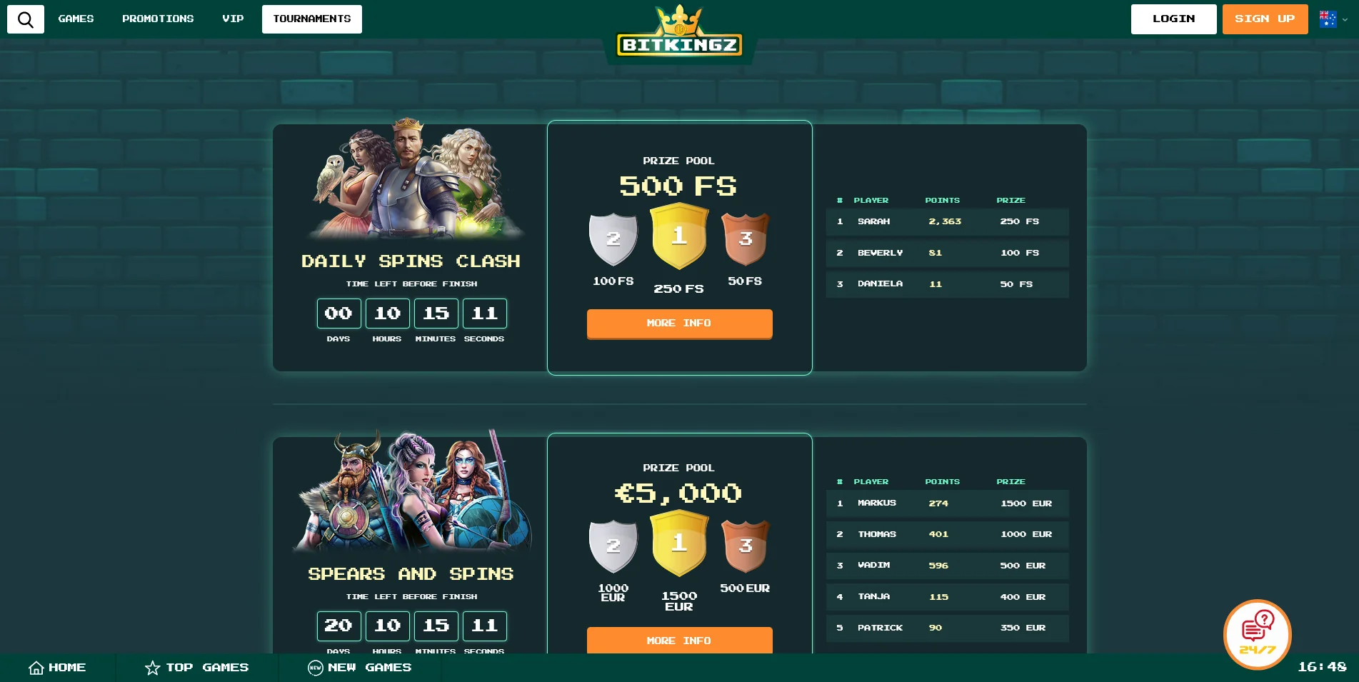 Screenshot of the Bitkingz Casino Tournaments page