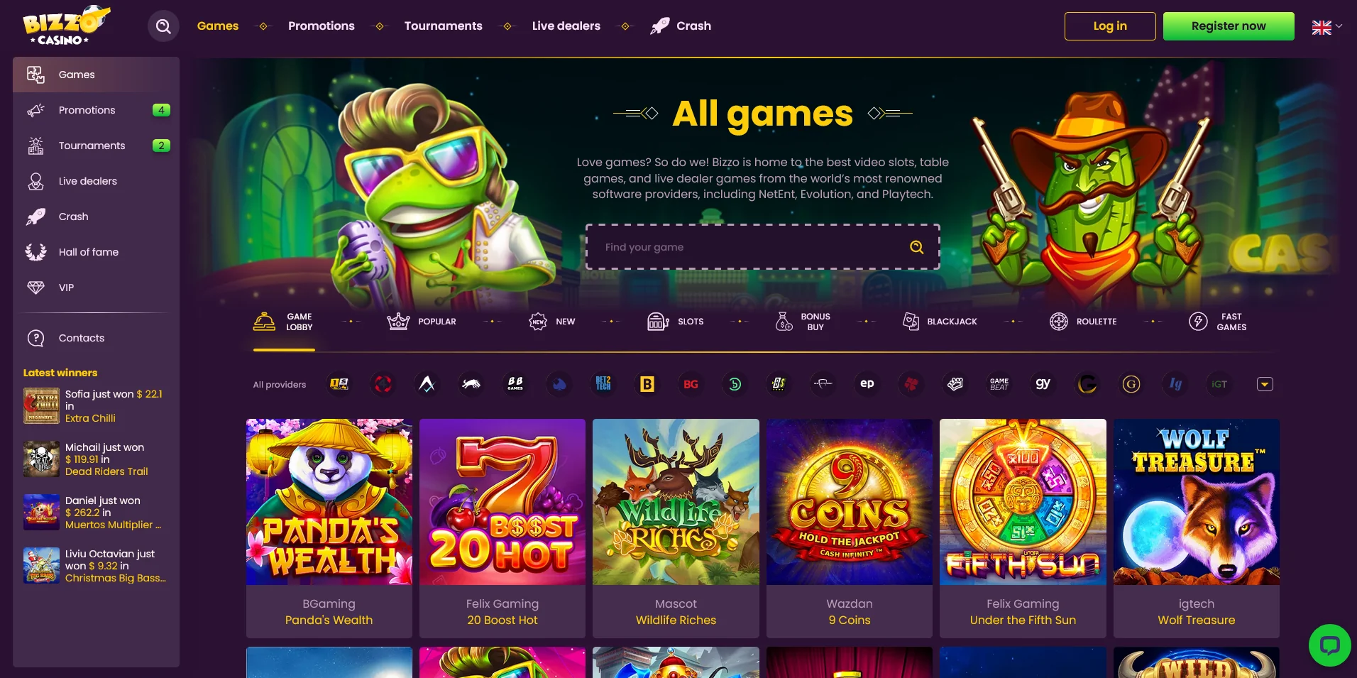 Screenshot of the Bizzo Casino Game Section