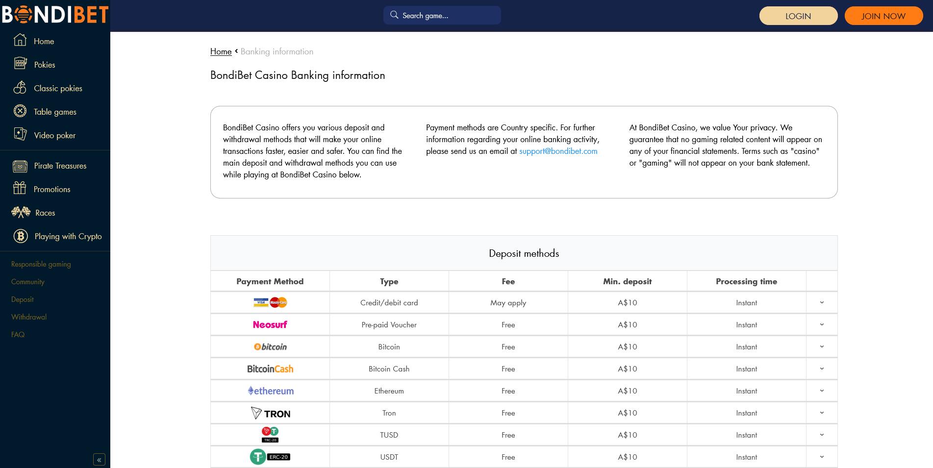 Screenshot of the BondiBet Casino banking info page