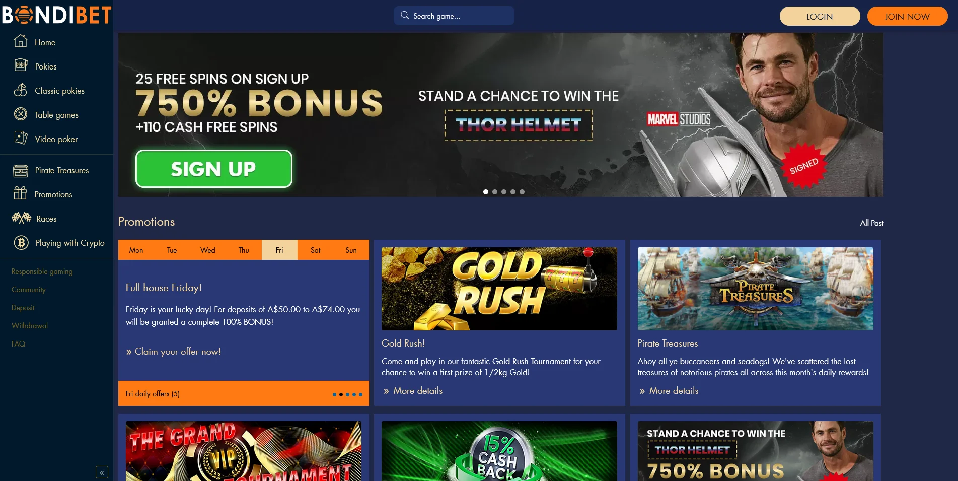 Screenshot of the BondiBet Casino bonuses page