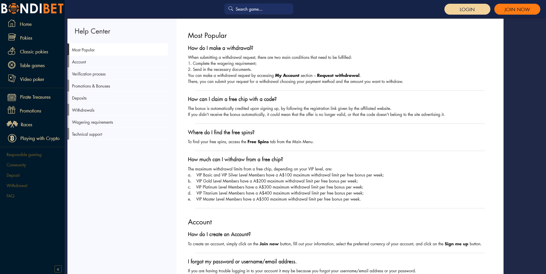 Screenshot of the BondiBet Casino FAQ page