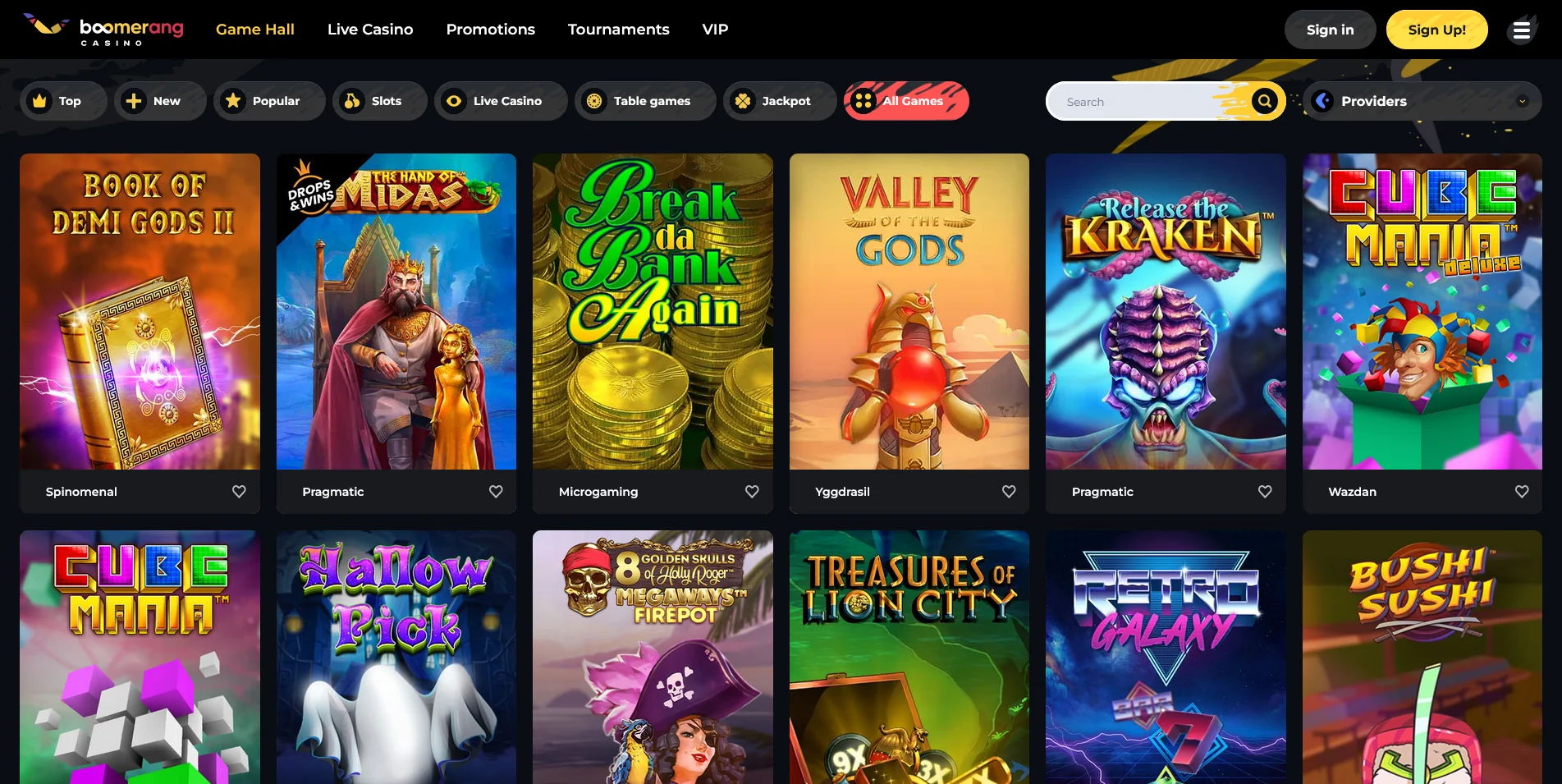 Screenshot of Real money Slots on Boomerang casino site