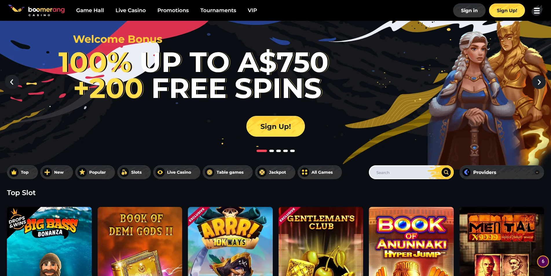 Screenshot of main page on Boomerang casino site