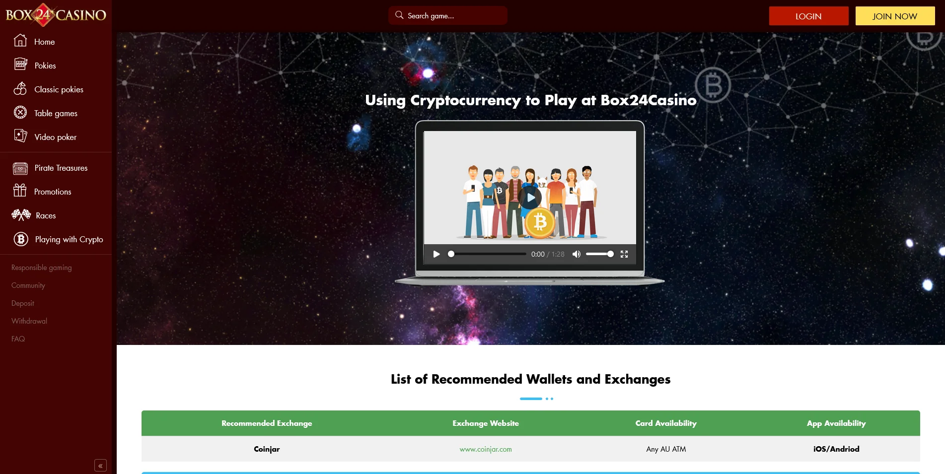 Screenshot of the Box 24 Casino crypto info page