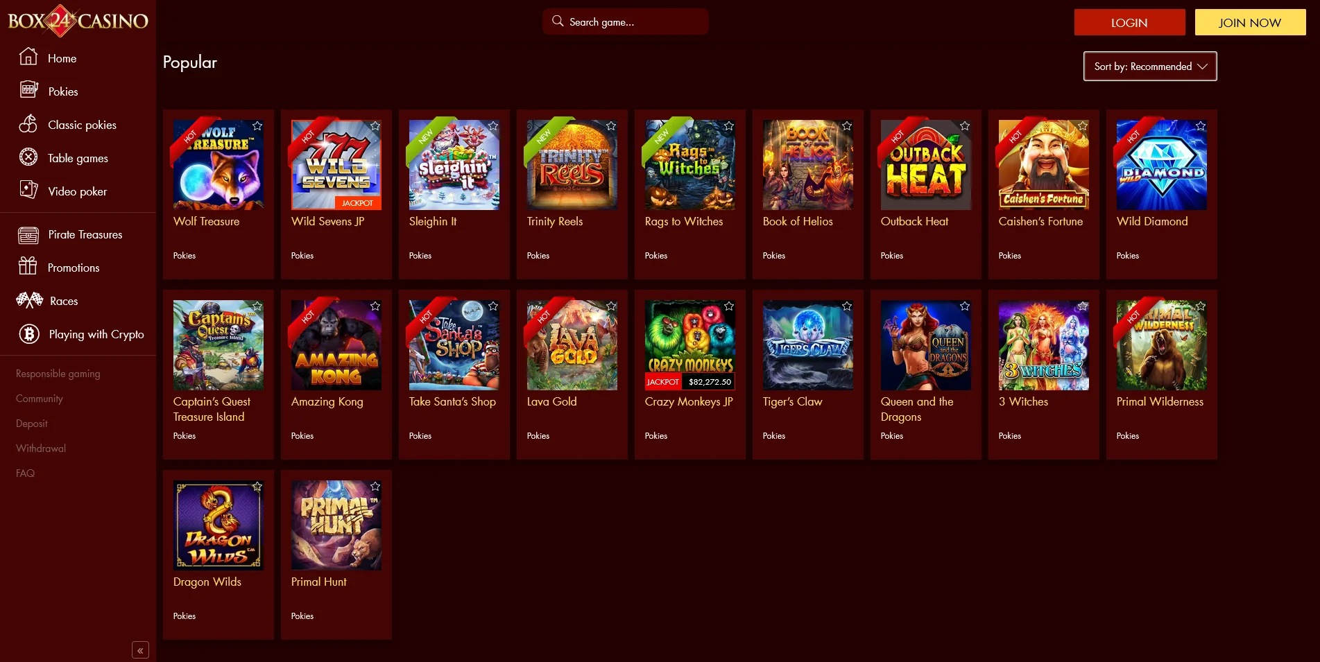 Screenshot of the Box 24 Casino Real money Game section