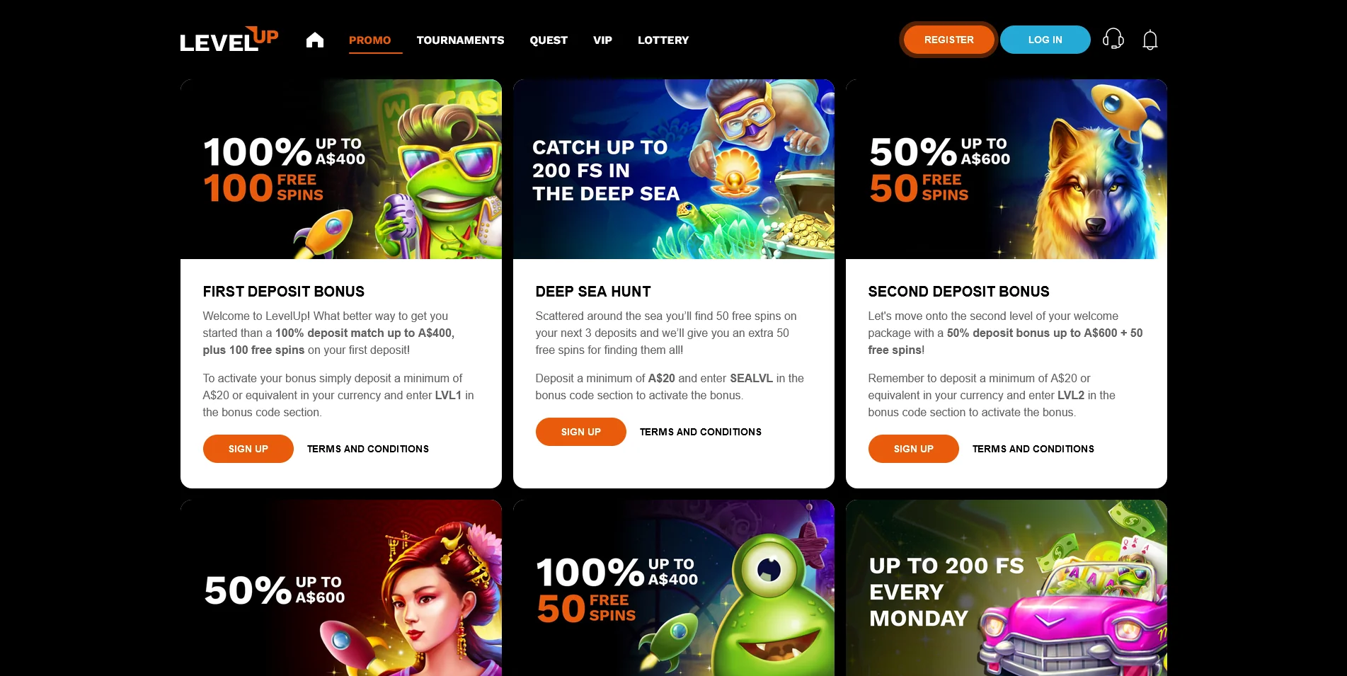 Screenshot of the LevelUp Casino Promotions Page