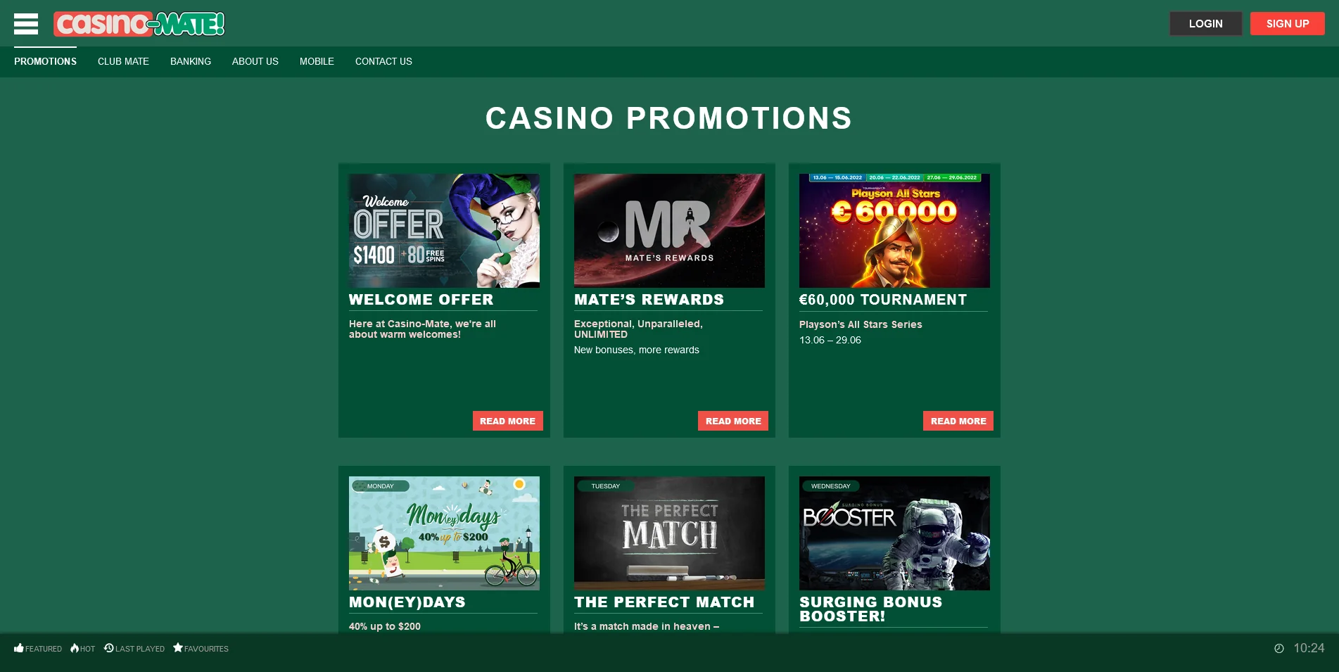 Screenshot of Promotions category on Casino Mate