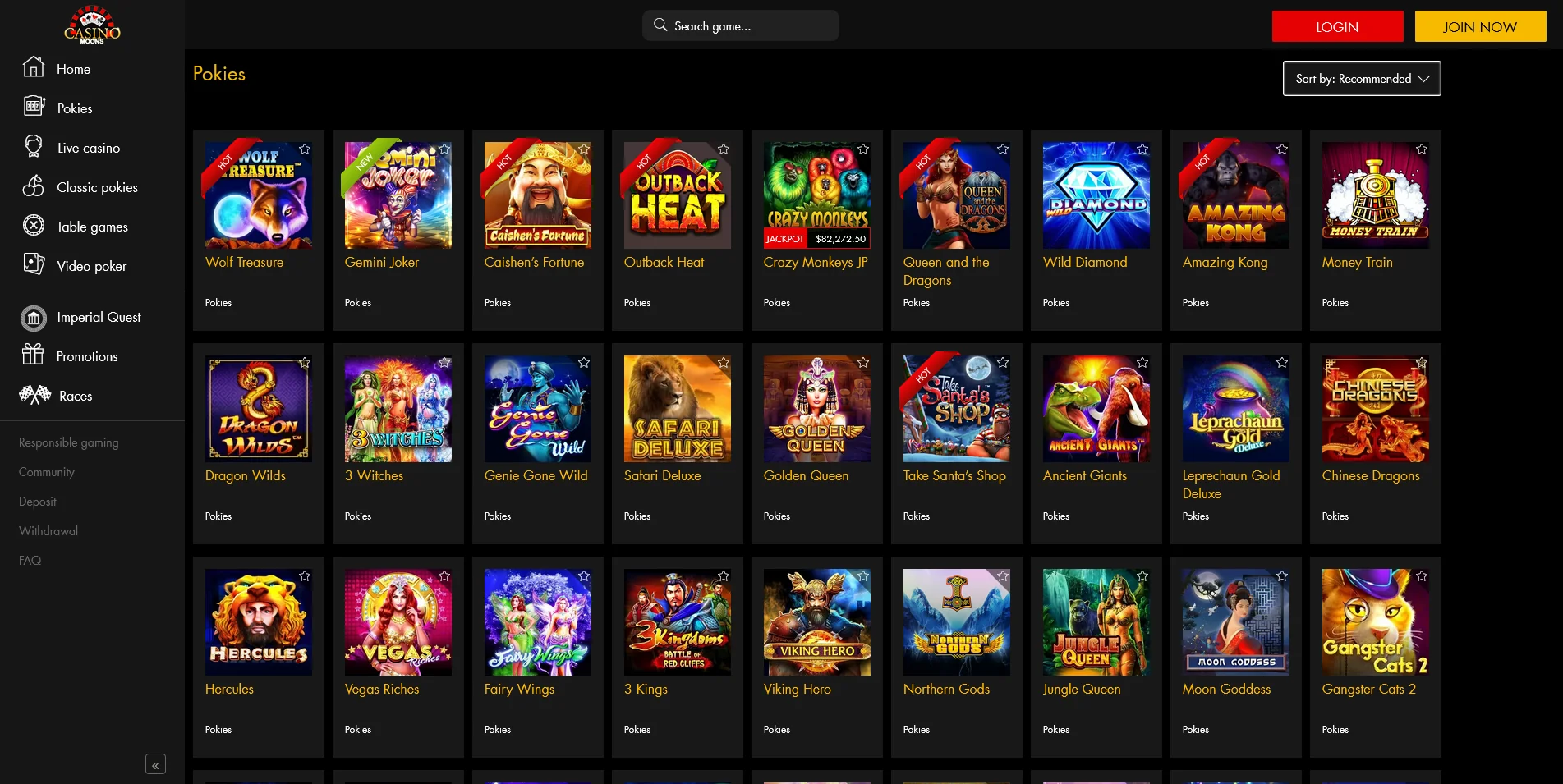 Screenshot of real money Pokies on Casino Moons site