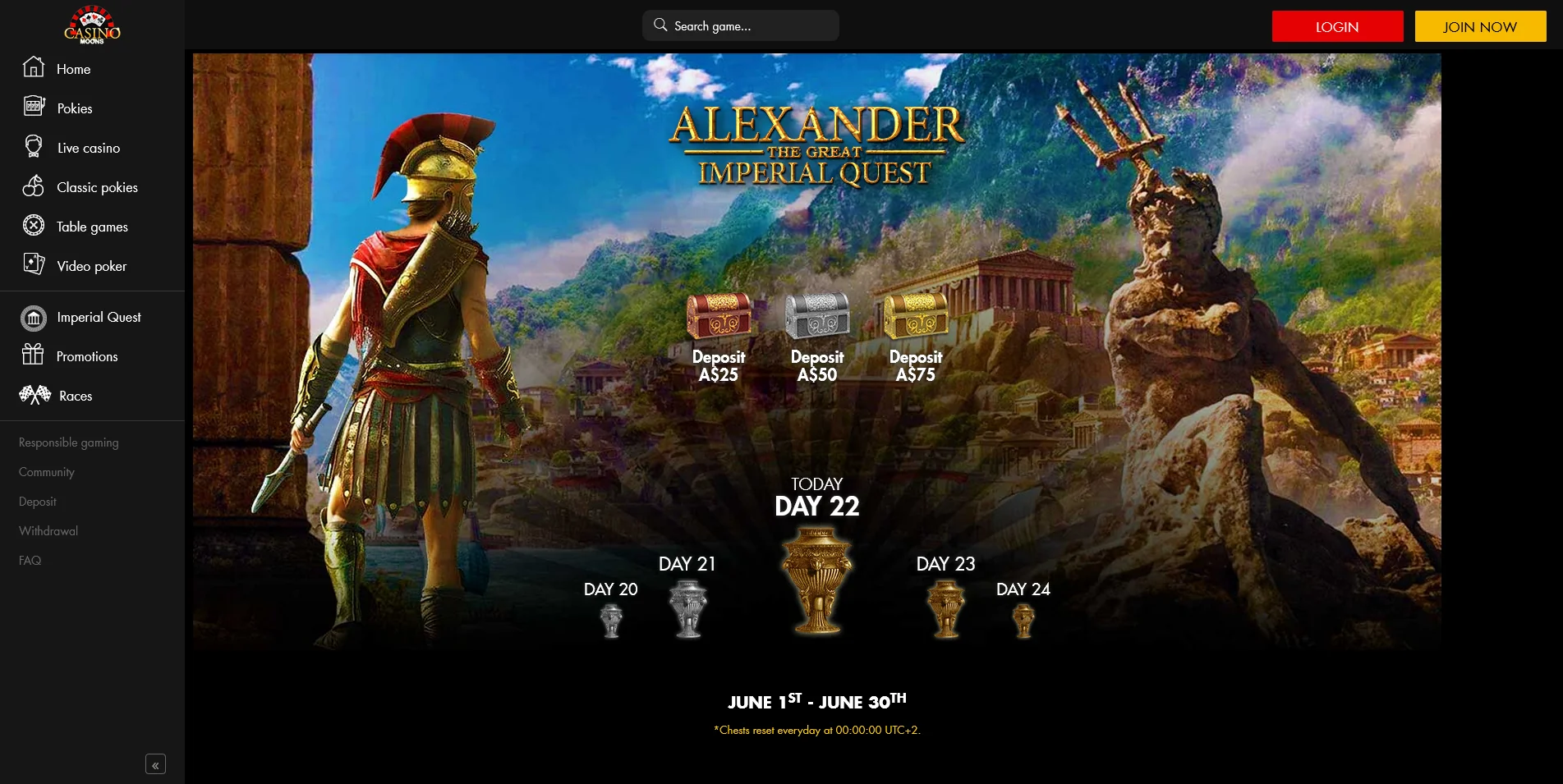 Screenshot of Tournaments page on Casino Moons site