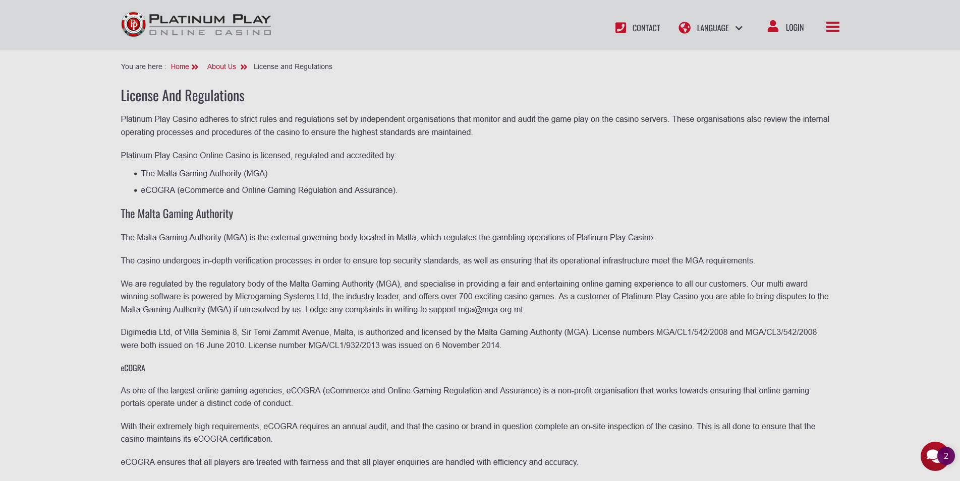 Screenshot of the Platinum Play Casino license information page