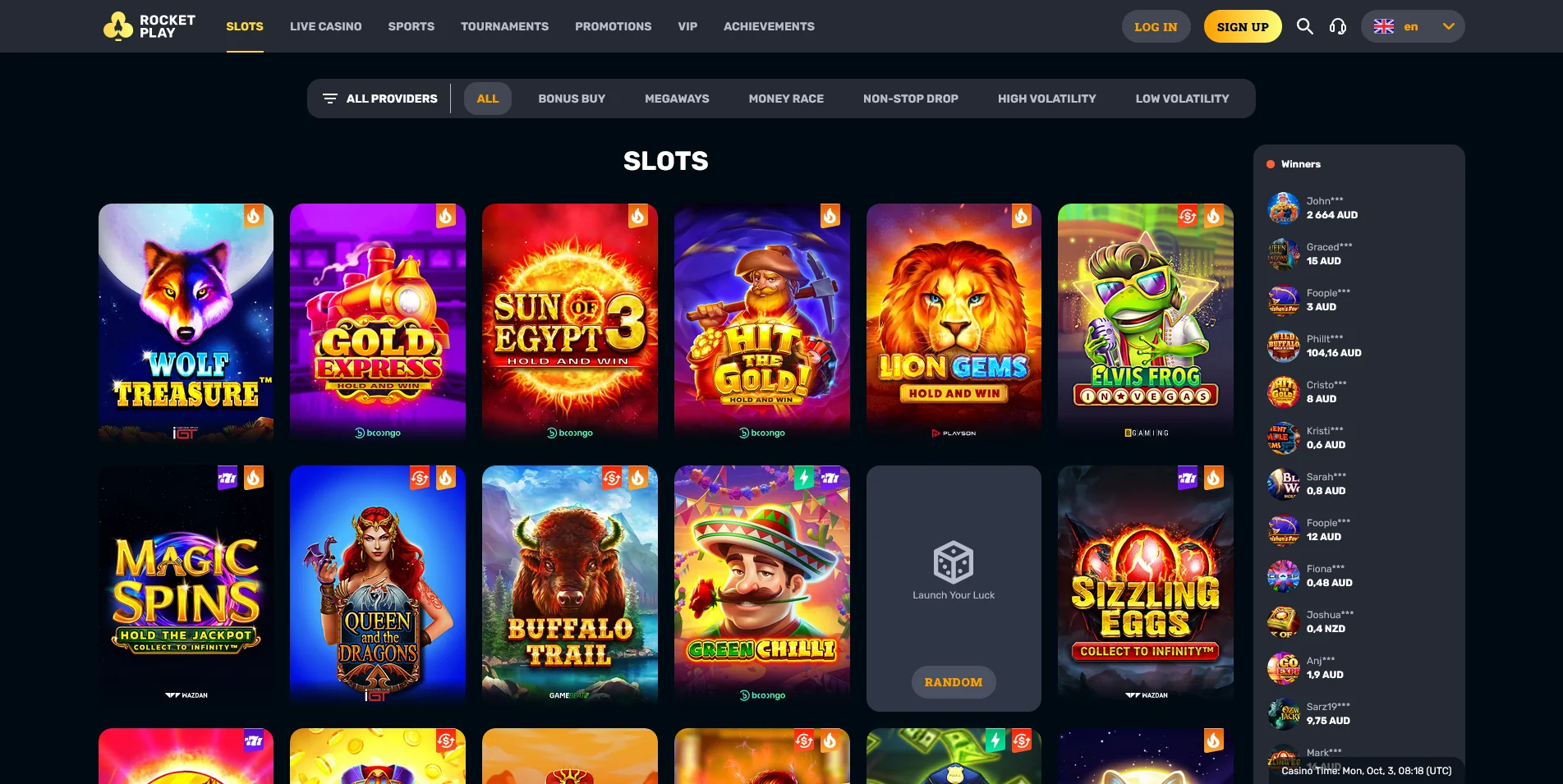 Screenshot of the RocketPlay Casino Real Money Game Section