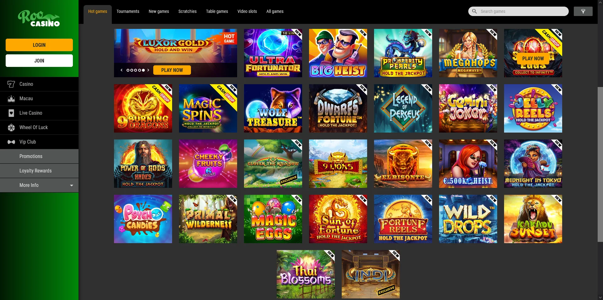 Screenshot of the Roo Casino real money Game Section