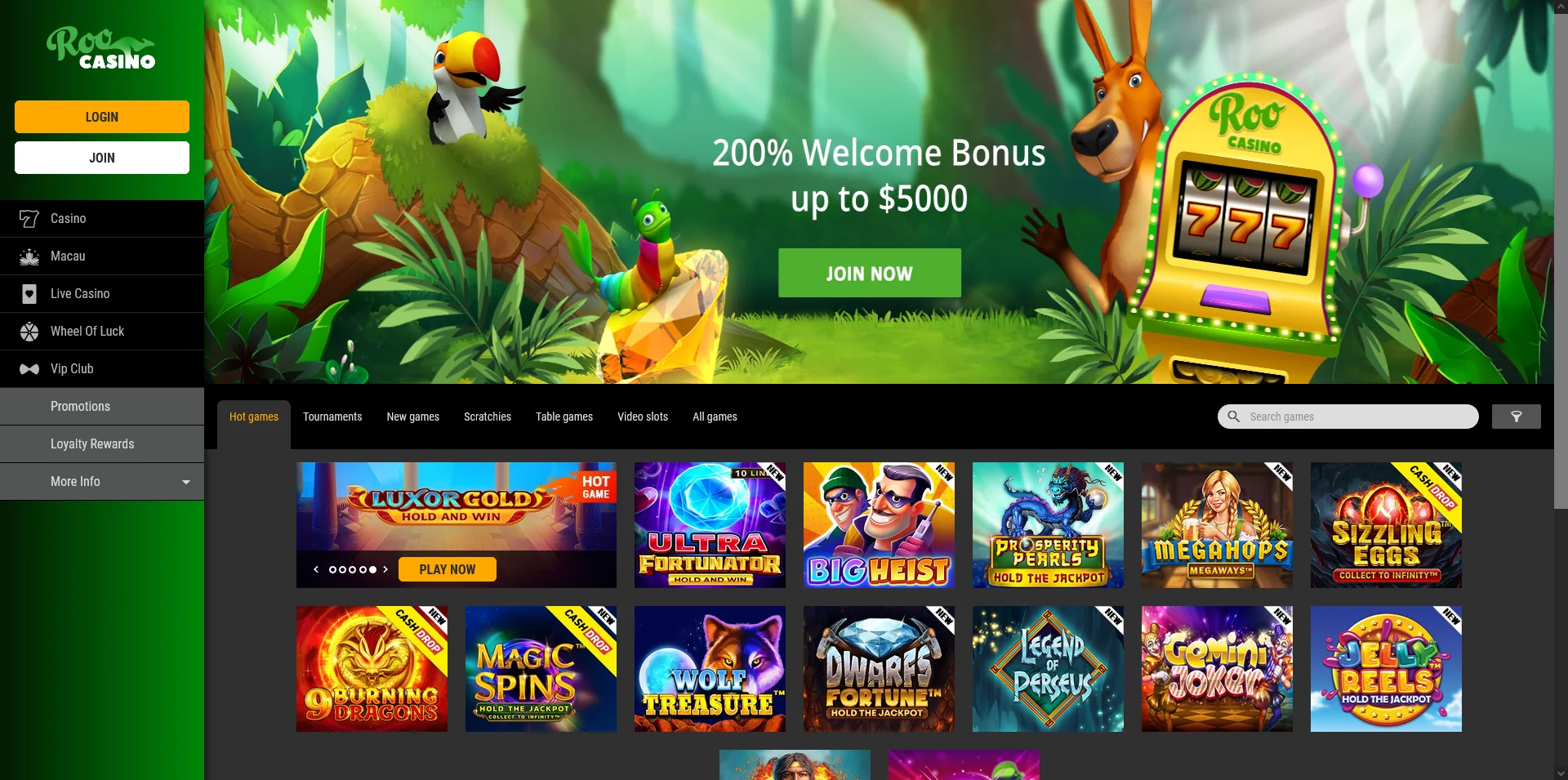 Screenshot of the Roo Casino home page