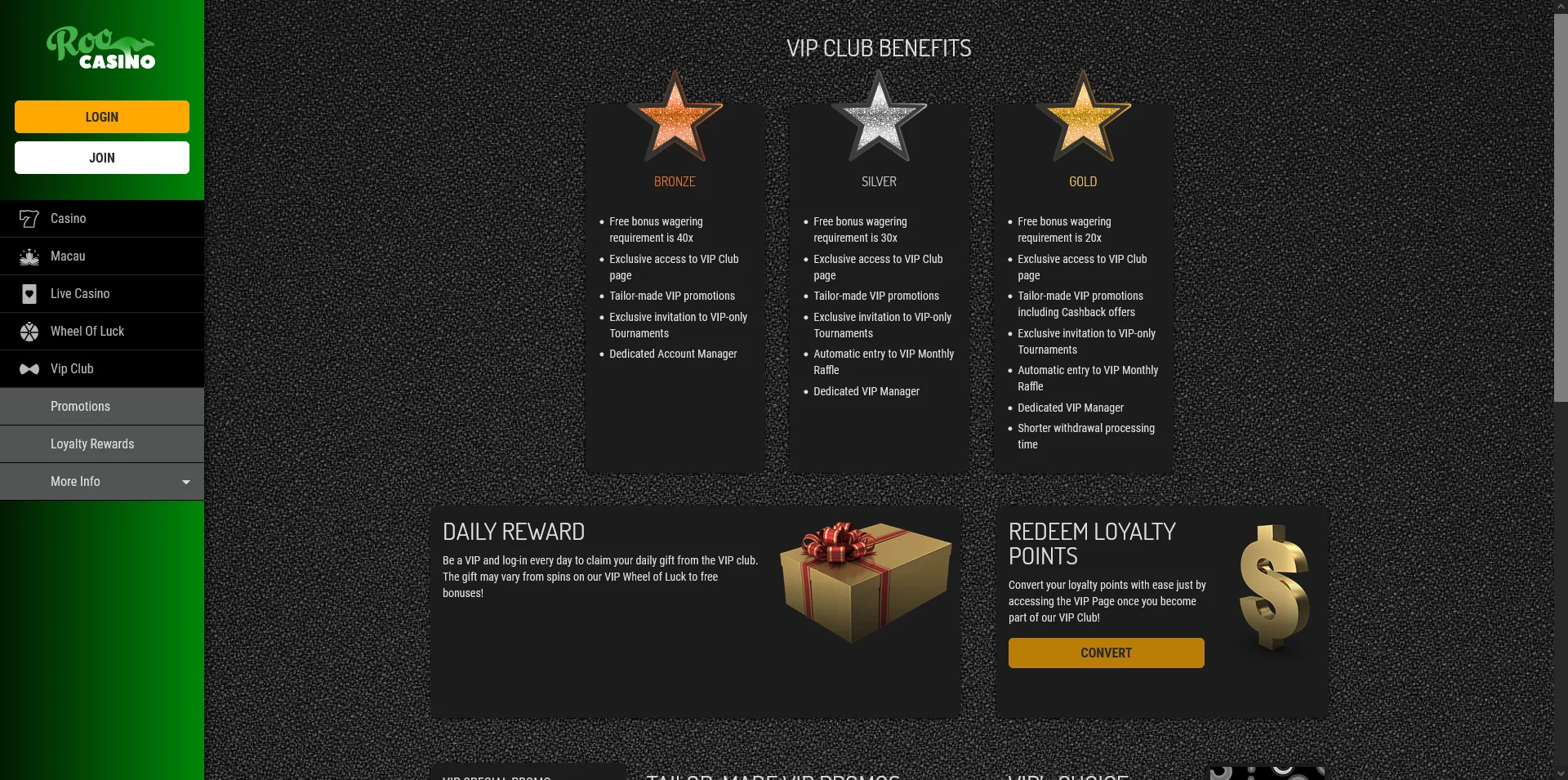 Screenshot of the Roo Casino vip info page