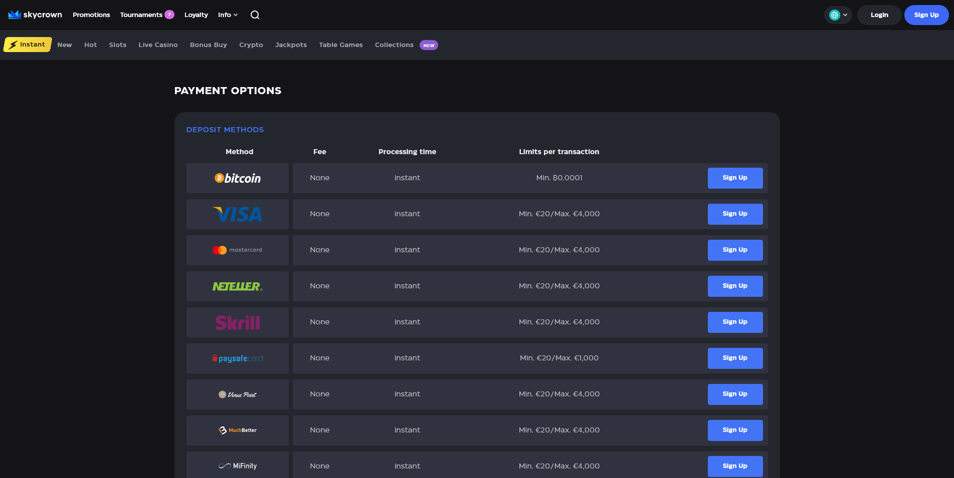 Screenshot of the Skycrown Casino payments info page