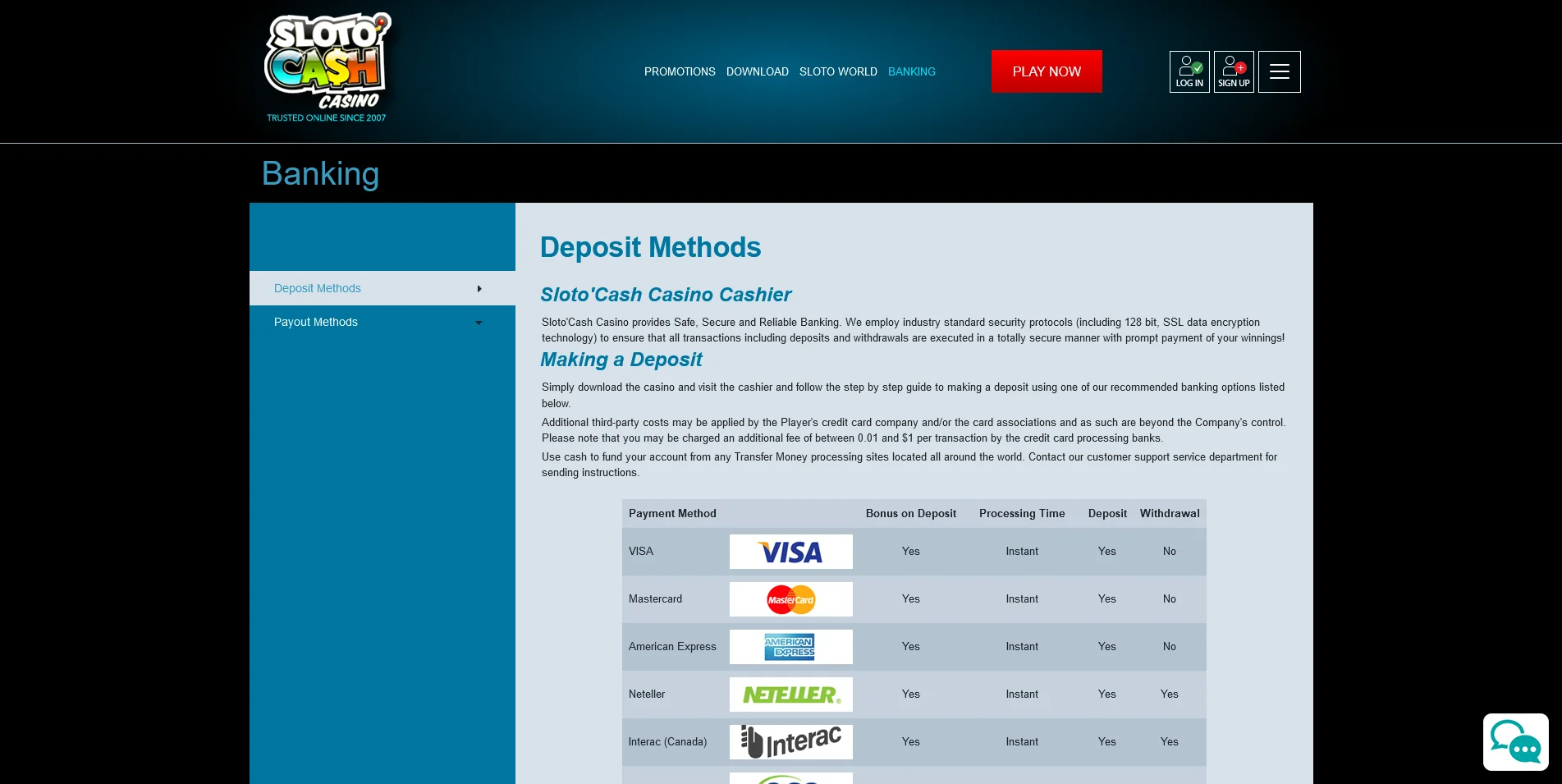 Screenshot of the SlotoCash Casino Banking info page