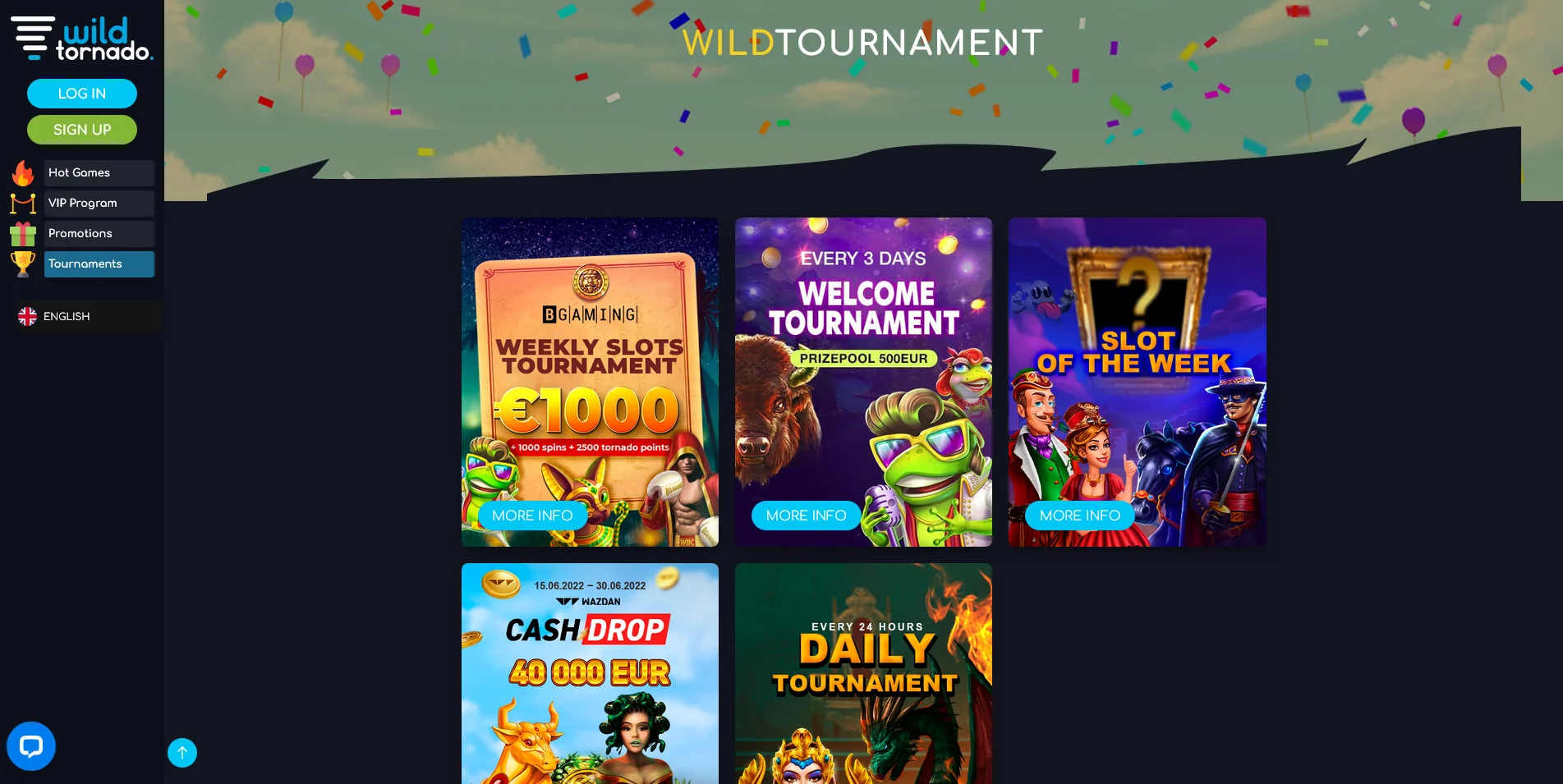 Screenshot of Tournaments page on Wild Tornado casino