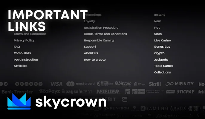 The bottom of the SkyCrown Casino website with important links and provider logos