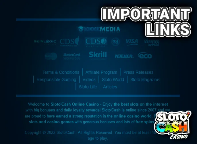 The bottom of the site Slotocash casino with important links and logos available payment methods