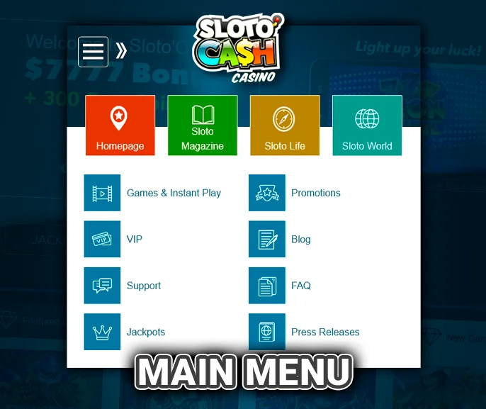 The main menu on the site Slotocash casino - game categories and important links