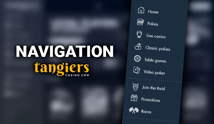 The main menu of the Tangiers casino site with important controls