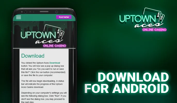 Uptown Aces Casino app download page on android open on cell phone