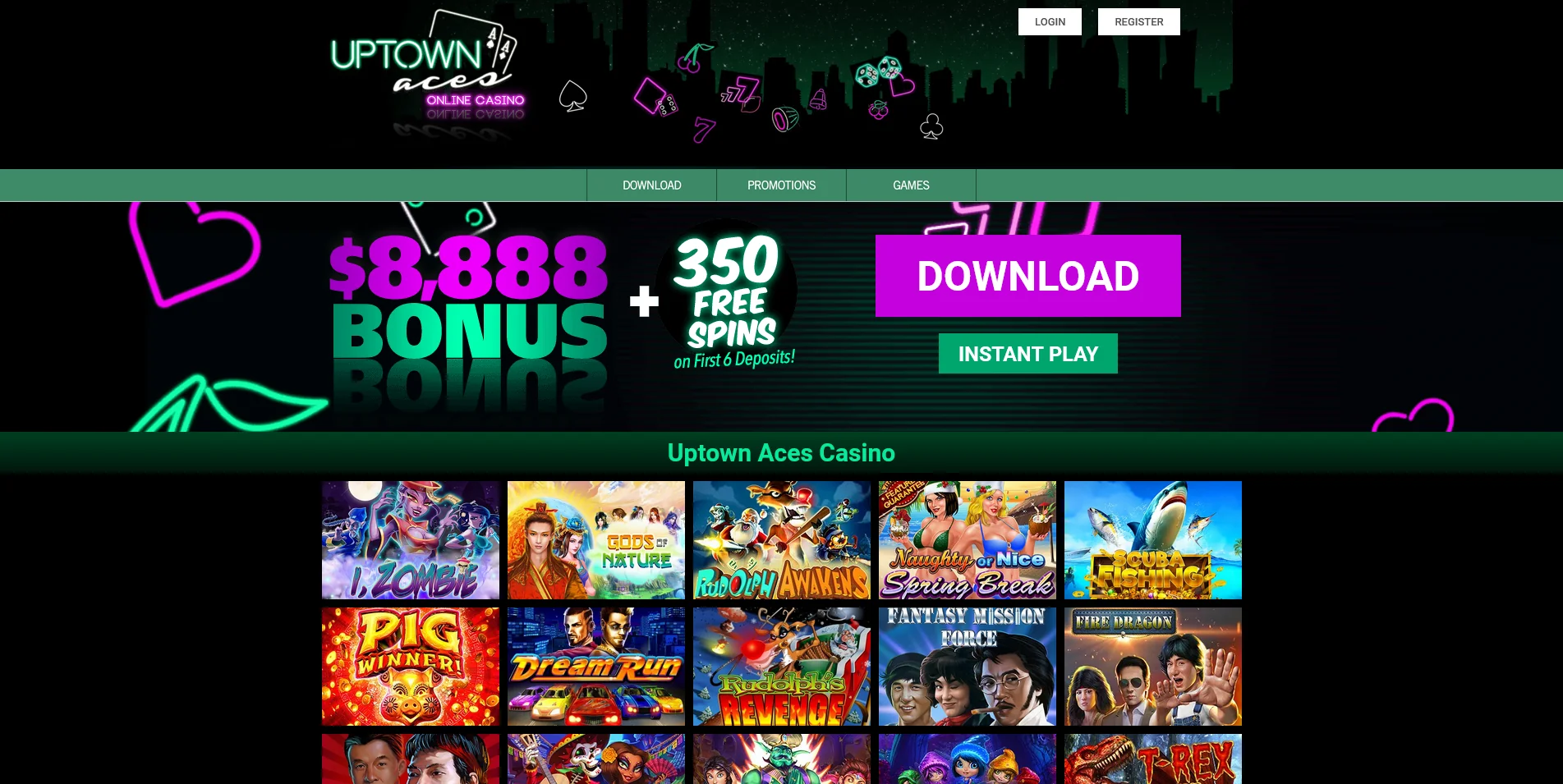 Screenshot of main page on Uptown Aces Casino site