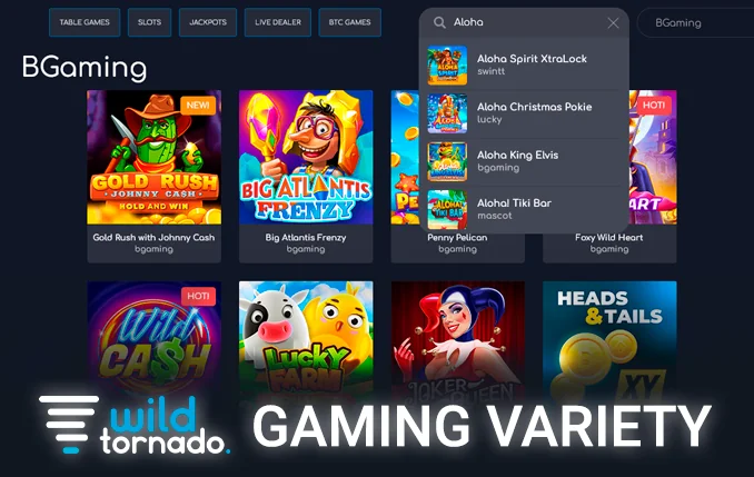 Variety of games on the site Wild Tornado Casino - their categories and number