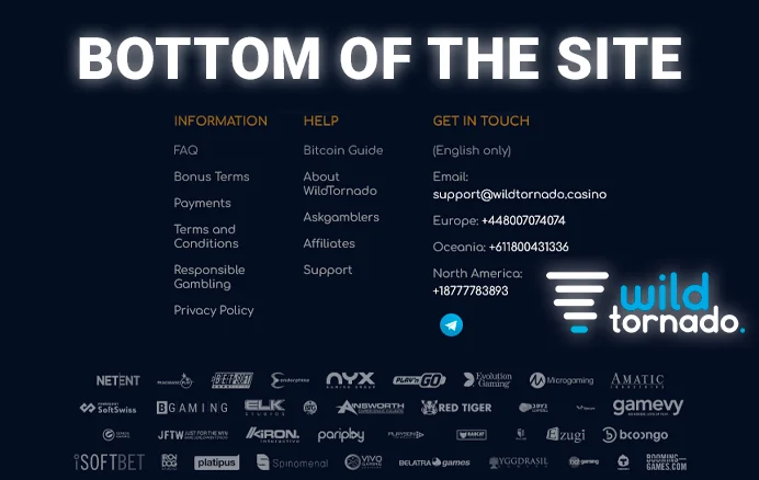 Bottom panel with important links and gambling providers on Wild Tornado