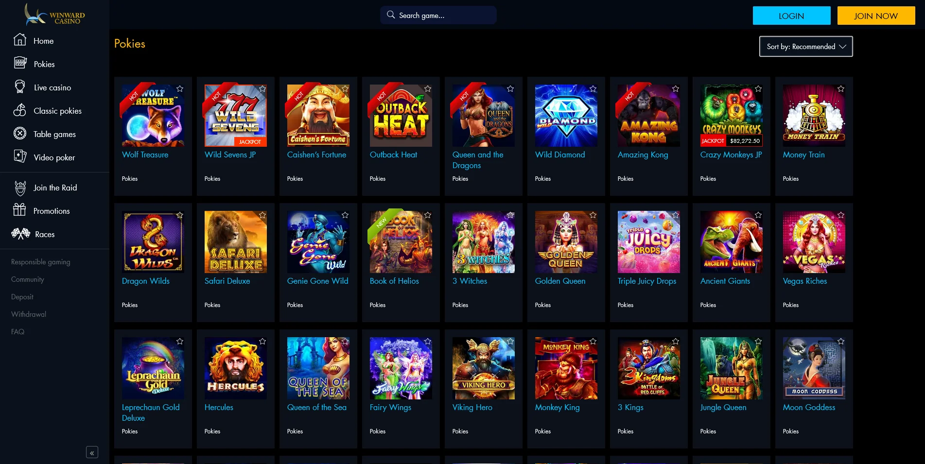 Screenshot of Real Money Game Section Page on Winward Casino site