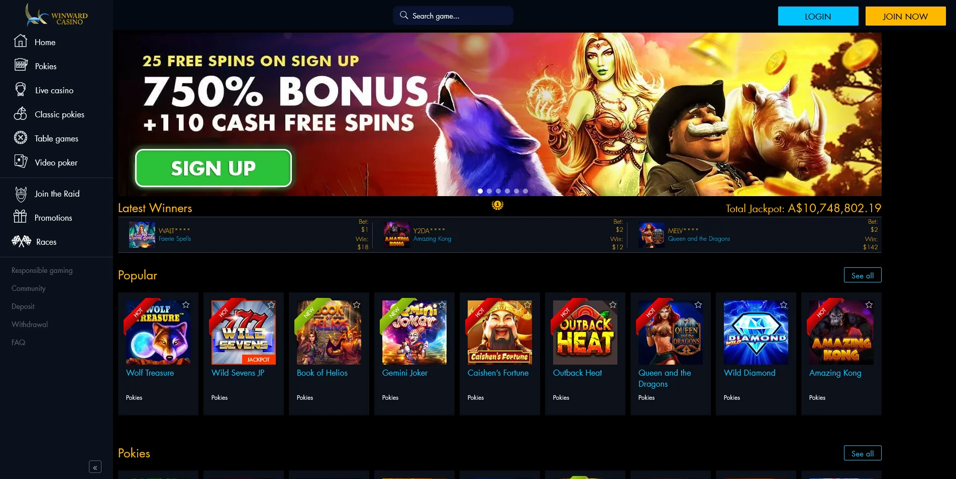 Screenshot of main Page on Winward Casino site