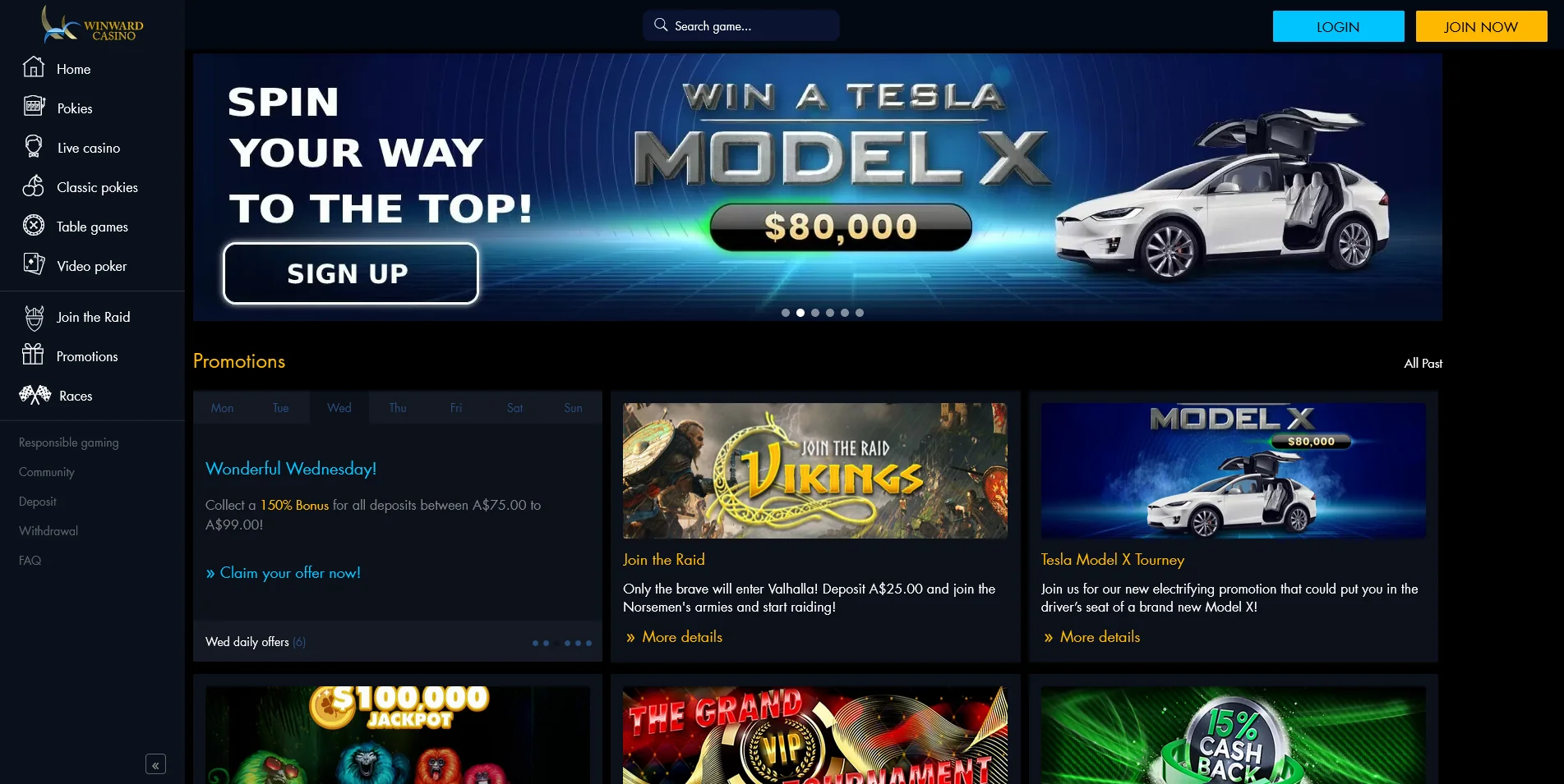 Screenshot of Promotions Page on Winward Casino site