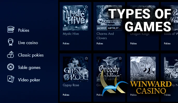 Side menu of winward casino site with categories of gambling games and pokies section