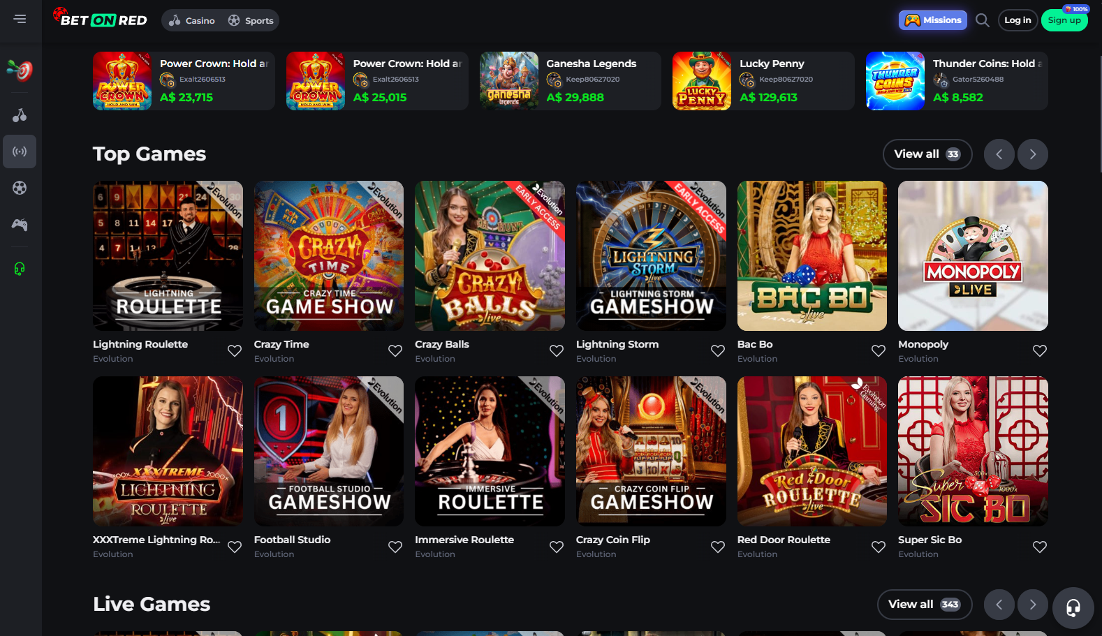 Screen of live games at BetOnRed online casino