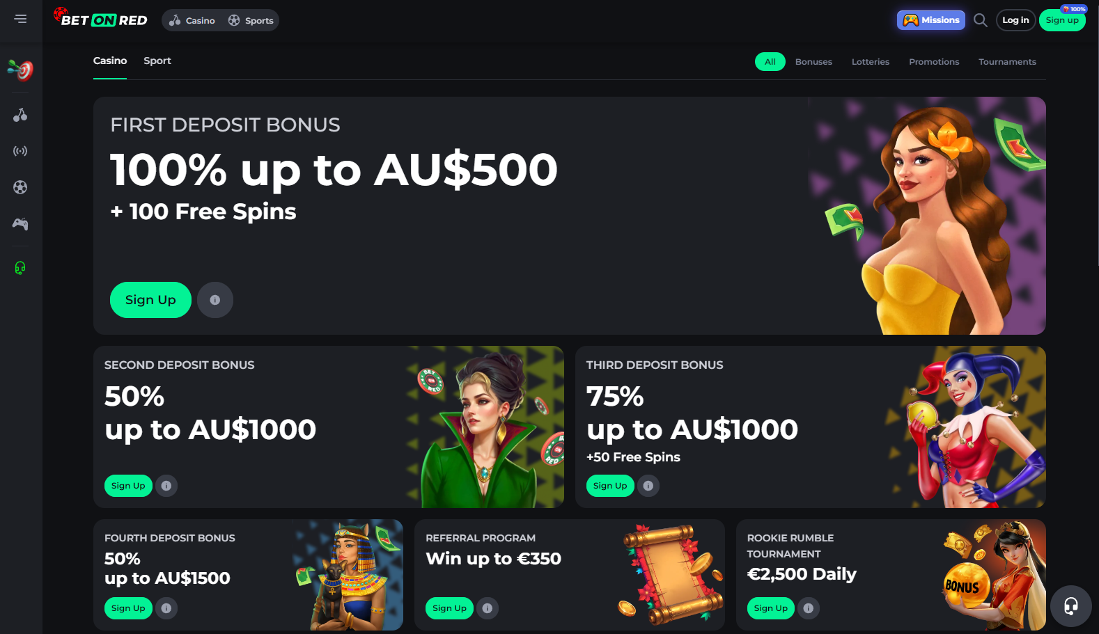 Bonus offers page at BetOnRed Casino