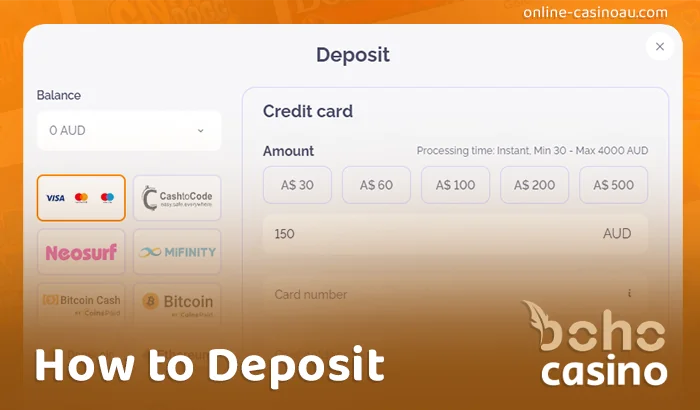 Boho Casino deposit instructions via AUD